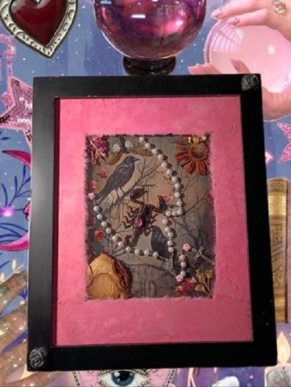 Handmade Pink & Black Framed Oddity Wall Art W/ Flowers Scorpion Cicada Rosary